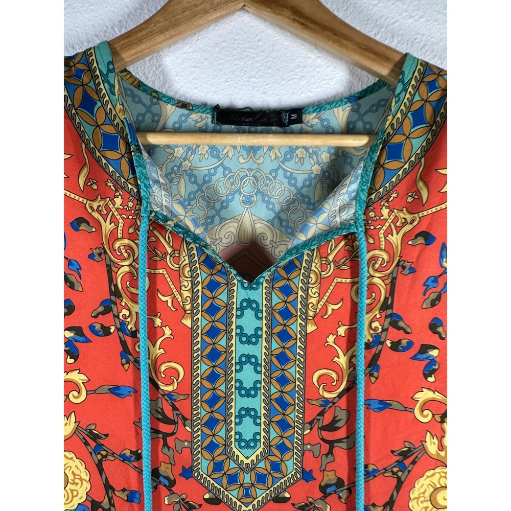 Urban CoCo Tunic‎ Top Womens Medium Teal Orange Baroque Print Tassel Tie Blouse - Picture 9 of 10